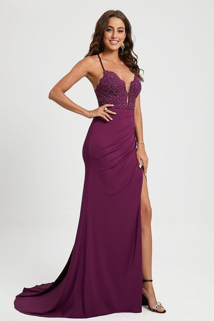Sirène col v traîne balayage jersey robe de bal avec strass - gallery 3