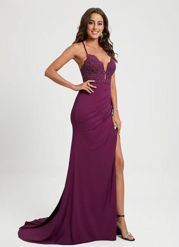 Sirène col v traîne balayage jersey robe de bal avec strass - gallery 3
