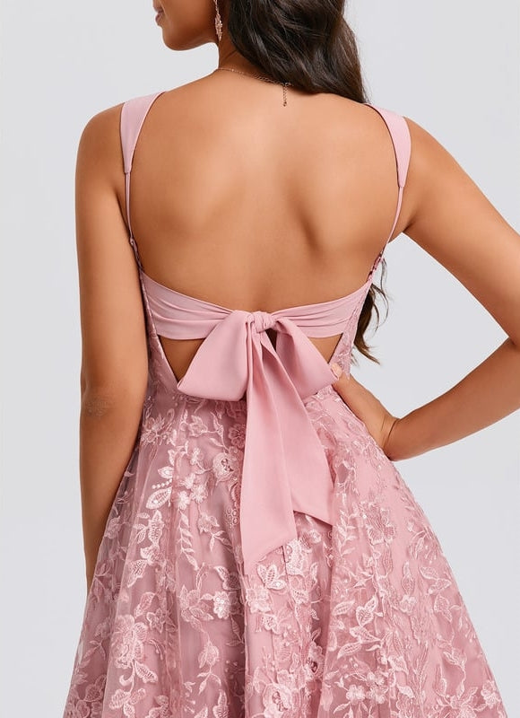 Trapèze col carré mini dentelle robe de bal de promo avec nœud paillettes - gallery 7