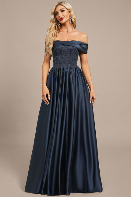 Trapèze épaule dénudée longueur ras du sol satin dentelle robe de soirée avec plissée paillettes - gallery 4