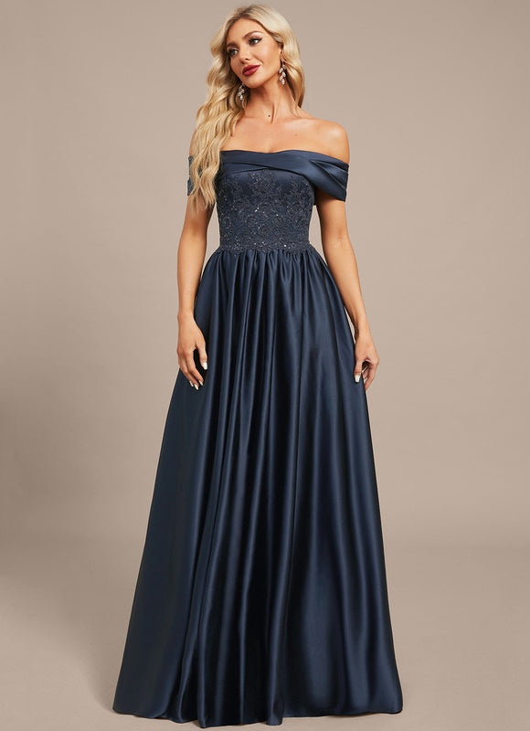 Trapèze épaule dénudée longueur ras du sol satin dentelle robe de soirée avec plissée paillettes - gallery 4