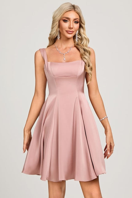 Trapèze col carré court satin mat robe de bal de promo avec nœud - gallery 5