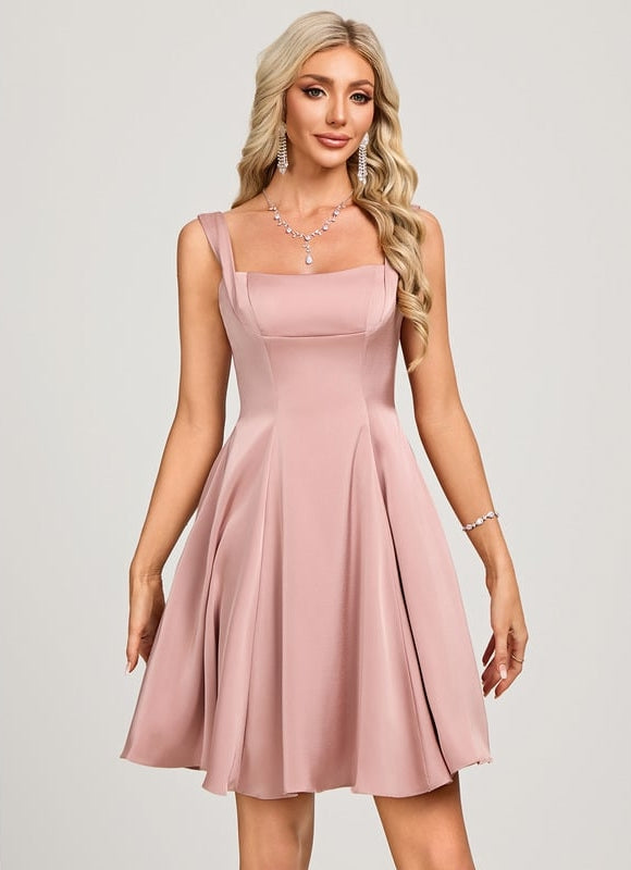 Trapèze col carré court satin mat robe de bal de promo avec nœud - gallery 5