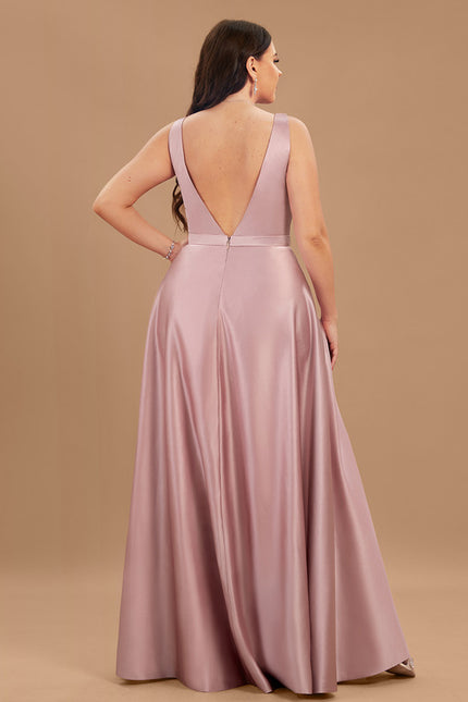 Trapèze col v longueur ras du sol satin robe de demoiselle d'honneur - gallery 9