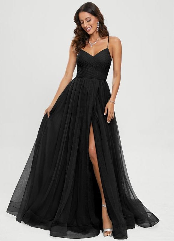 Princesse col v traîne balayage tulle robe de bal - gallery 4