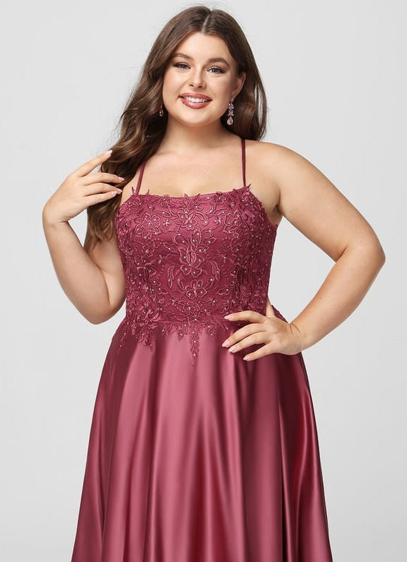 Trapèze col carré traîne balayage satin robe de bal avec strass - gallery 6