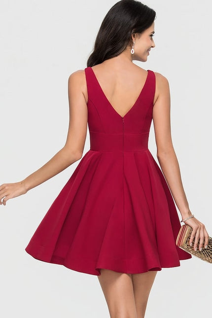 Trapèze col v court crêpe extensible robe de bal de promo - gallery 1