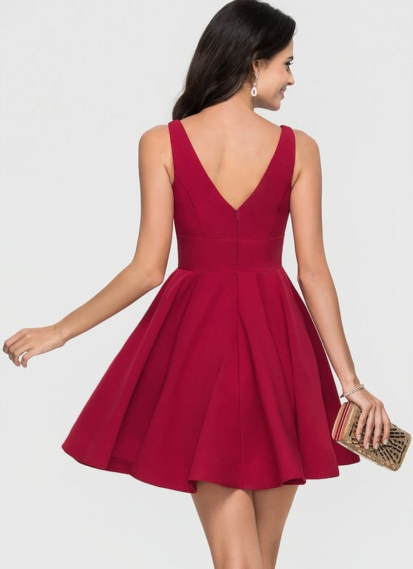 Trapèze col v court crêpe extensible robe de bal de promo - gallery 1