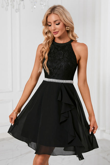 Robe perles licou trapèze mousseline dentelle mini