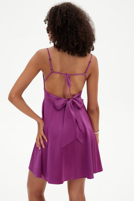 Trapèze col v mini satin de soie robe de bal de promo avec nœud - gallery 4