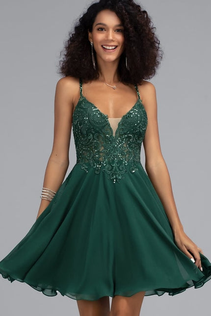 Trapèze col v court mousseline robe de bal de promo avec paillettes perles - gallery 1