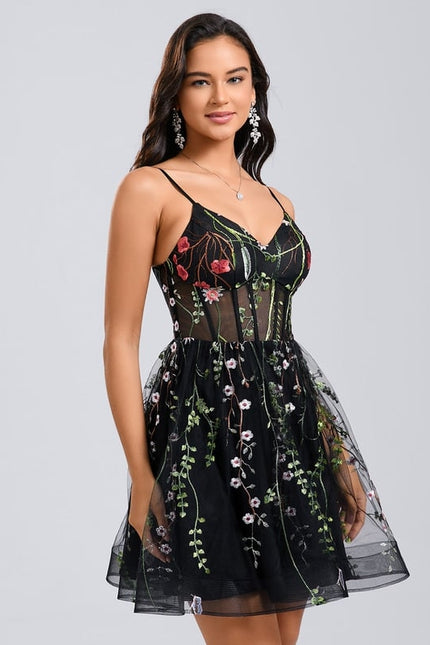 Trapèze col v court dentelle robe de bal de promo - gallery 2