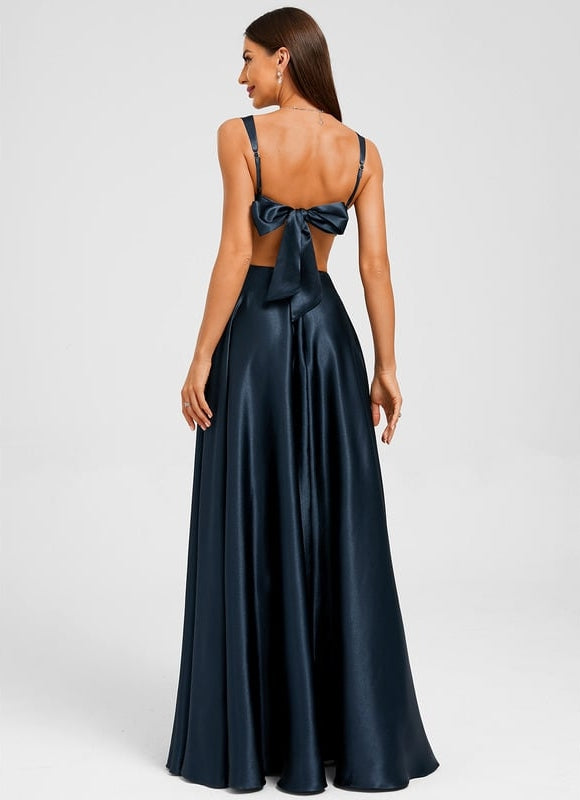 Trapèze col droit longueur ras du sol satin extensible robe de bal avec nœud - gallery 1