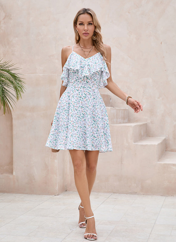 Robe imprimé fleur col v trapèze polyester mini - gallery 1