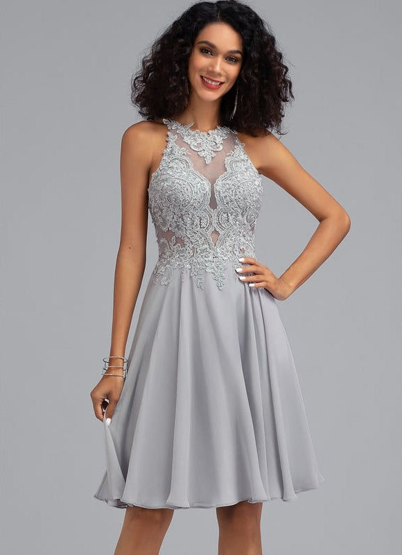 Trapèze col rond longueur genou dentelle mousseline robe de bal de promo avec paillettes - gallery 4