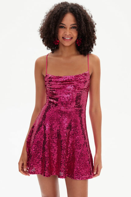 Trapèze col bénitier mini paillette robe de bal de promo avec paillettes - gallery 5