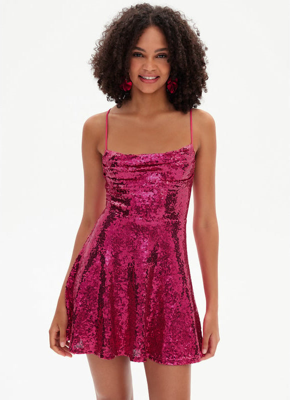Trapèze col bénitier mini paillette robe de bal de promo avec paillettes - gallery 5