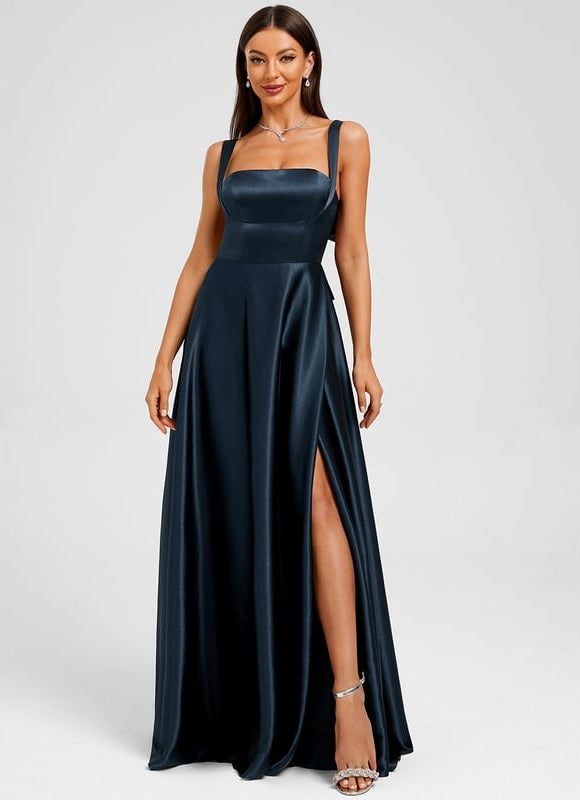 Trapèze col droit longueur ras du sol satin extensible robe de bal avec nœud