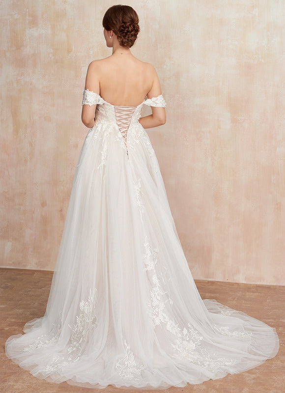 Princesse col cœur traîne balayage tulle dentelle robe de mariée - gallery 9