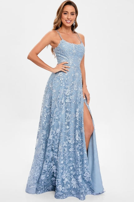 Trapèze col rond longueur ras du sol dentelle floral robe de bal avec paillettes - gallery 2