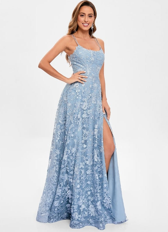 Trapèze col rond longueur ras du sol dentelle floral robe de bal avec paillettes - gallery 2