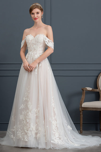 Princesse col cœur traîne balayage tulle dentelle robe de mariée