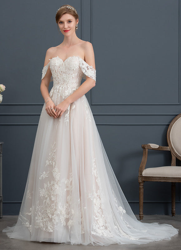 Princesse col cœur traîne balayage tulle dentelle robe de mariée
