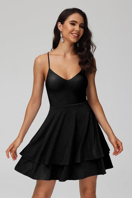 Trapèze col v court jersey robe de bal de promo avec paillettes - gallery 7