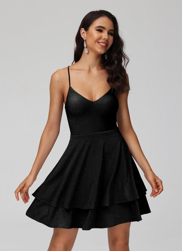 Trapèze col v court jersey robe de bal de promo avec paillettes - gallery 7