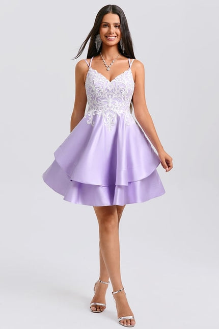 Trapèze col v court satin robe de bal de promo avec appliques de dentelle - gallery 6