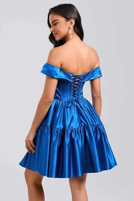 Princesse épaule dénudée court satin robe de bal de promo - gallery 5