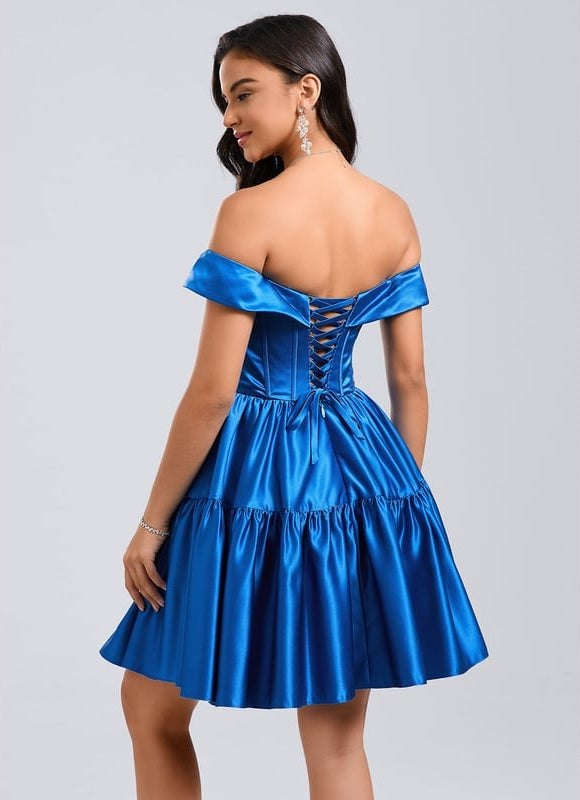 Princesse épaule dénudée court satin robe de bal de promo - gallery 5