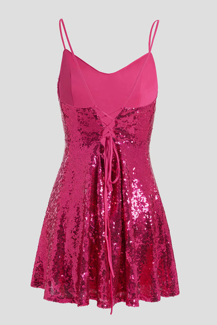 Trapèze col bénitier mini paillette robe de bal de promo avec paillettes - gallery 9