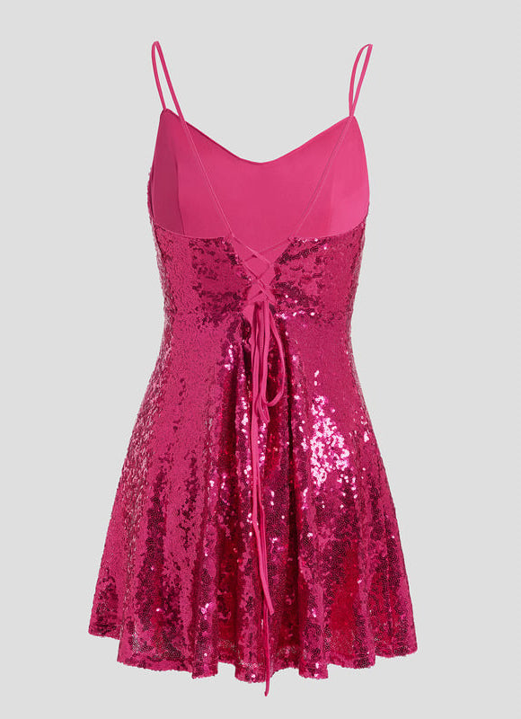 Trapèze col bénitier mini paillette robe de bal de promo avec paillettes - gallery 9
