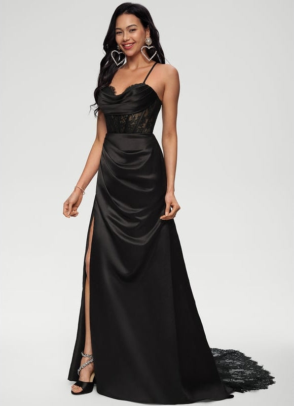 Sirène col cœur traîne balayage satin robe de bal - gallery 2