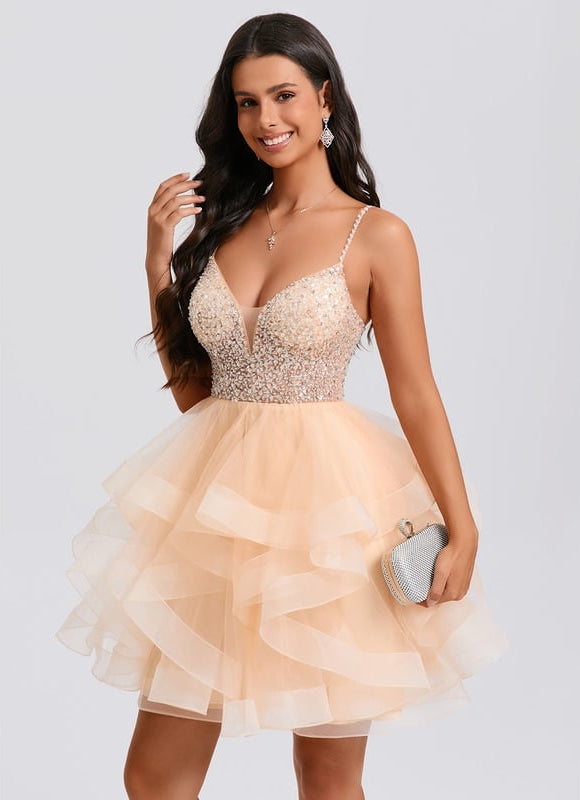 Princesse col v court tulle robe de bal de promo avec perles paillettes - gallery 5