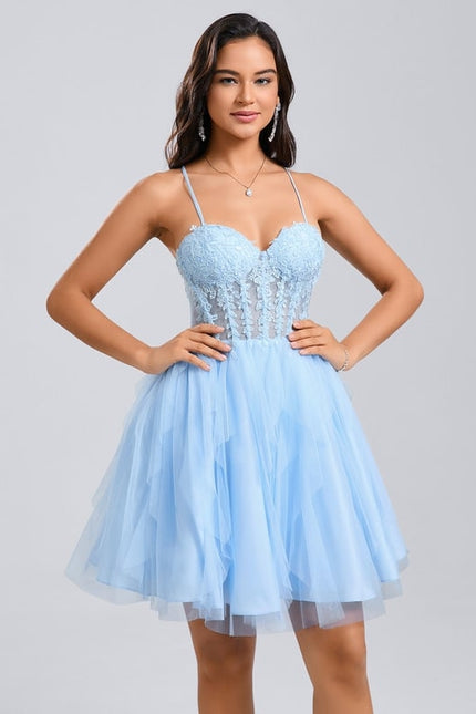 Princesse col cœur court tulle dentelle robe de bal de promo avec à volants - gallery 3