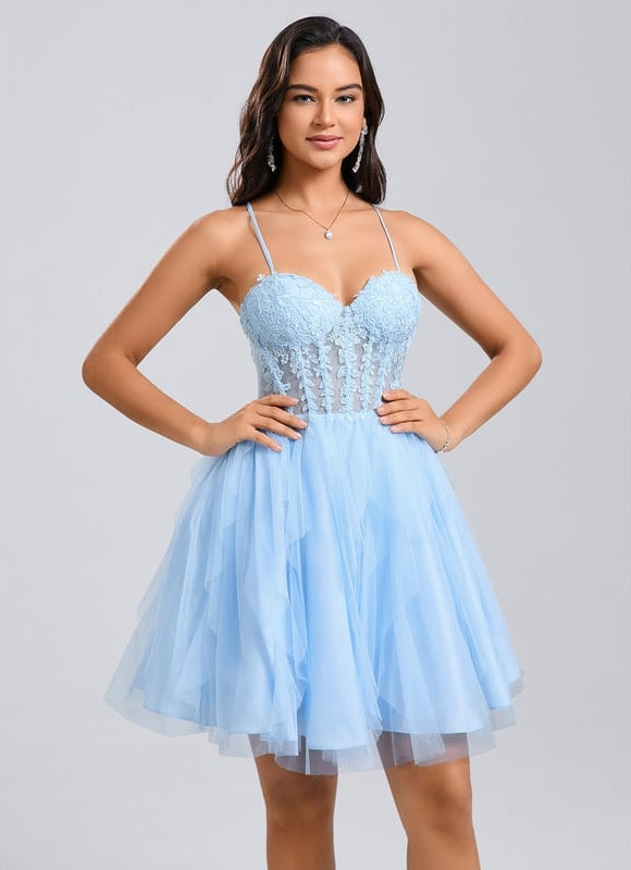 Princesse col cœur court tulle dentelle robe de bal de promo avec à volants - gallery 3