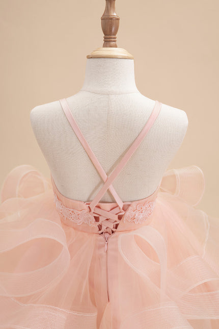 Princesse col rond longueur genou tulle robes fille mariage avec motif floral 3d - gallery 5