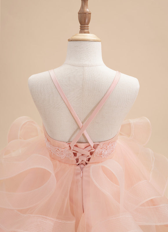 Princesse col rond longueur genou tulle robes fille mariage avec motif floral 3d - gallery 5