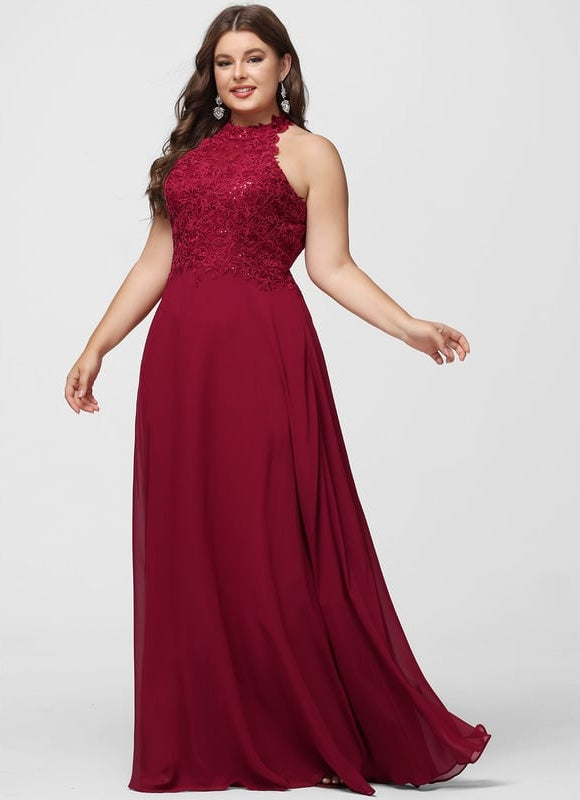 Trapèze licou longueur ras du sol dentelle mousseline robe de bal avec paillettes - gallery 5