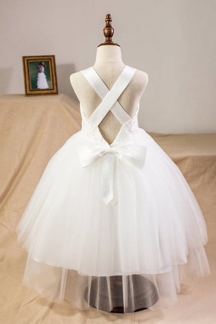 Princesse col cœur longueur mollet satin/tulle/dentelle robes fille mariage avec nœud