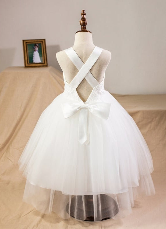 Princesse col cœur longueur mollet satin/tulle/dentelle robes fille mariage avec nœud