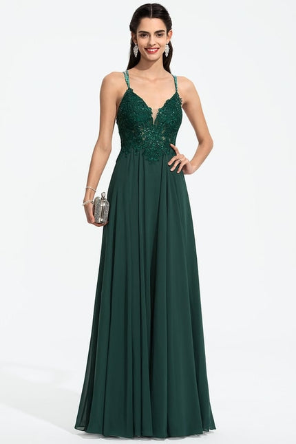 Trapèze col v longueur ras du sol mousseline robe de bal avec perles paillettes - gallery 3