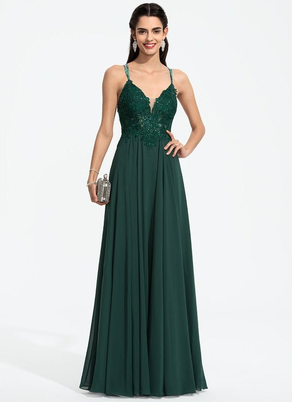 Trapèze col v longueur ras du sol mousseline robe de bal avec perles paillettes - gallery 3