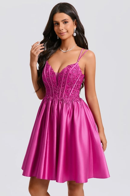 Princesse col v court satin robe de bal de promo avec paillettes - gallery 5