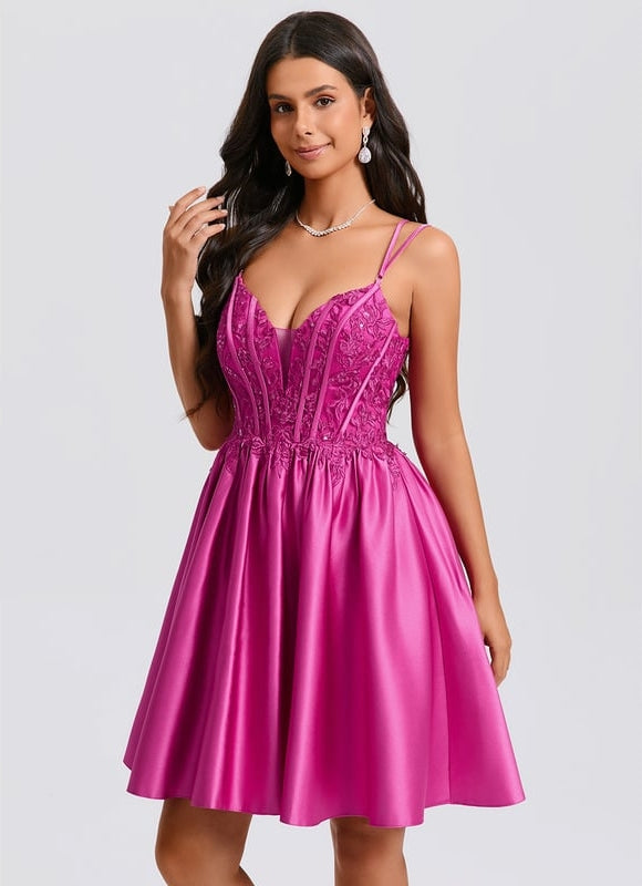 Princesse col v court satin robe de bal de promo avec paillettes - gallery 5