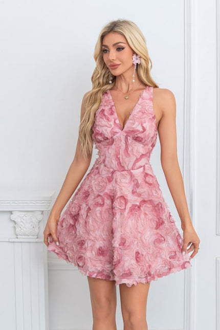 Trapèze col v mini tulle robe de bal de promo avec fleurs - gallery 1