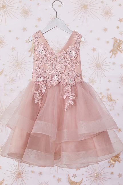 Trapèze col v longueur genou dentelle/tulle robes fille mariage avec perles/paillettes/motif floral 3d - gallery 6