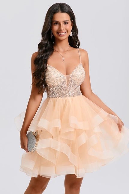 Princesse col v court tulle robe de bal de promo avec perles paillettes - gallery 1